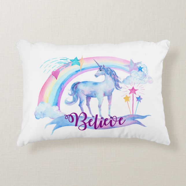 Believe / Unicorn Baby Girl's Nursery Room Decor Decorative Pillow (Front)