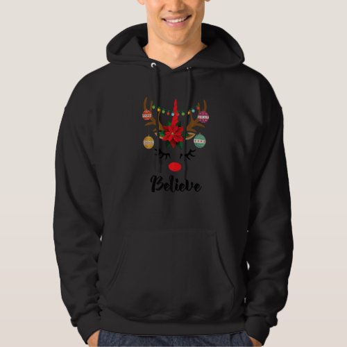 Believe Unicorn Face Reindeer antlers Christmas Hoodie