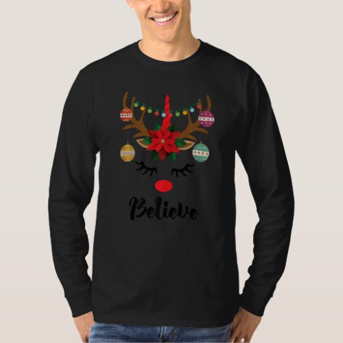 Believe Unicorn Face Reindeer antlers Christmas T_Shirt