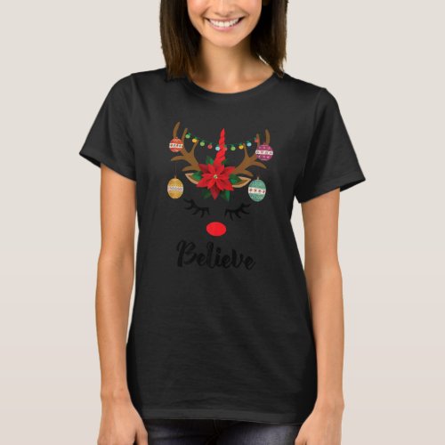 Believe Unicorn Face Reindeer antlers Christmas T_Shirt