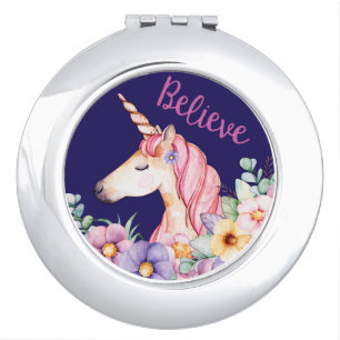 Believe Unicorns Inspirational Ladies Beauty Compact Mirror