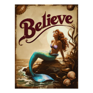 Believe Vintage Mermaid Timeless Ocean Inspiration Poster