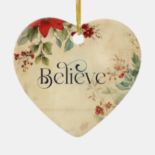 'Believe' Vintage Poinsettia Christmas Bible Verse Ceramic Ornament