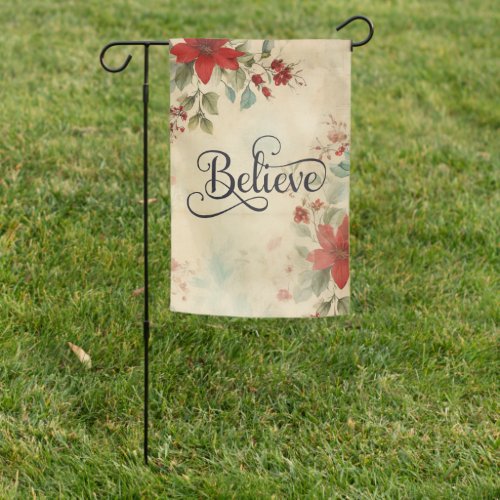 Believe Vintage Red Poinsettia Floral Christmas  Garden Flag