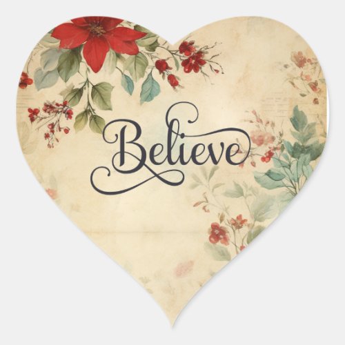 Believe Vintage Red Poinsettia Floral Christmas Heart Sticker