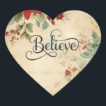 'Believe' Vintage Red Poinsettia Floral Christmas Heart Sticker<br><div class="desc">Christmas heart sticker depicts a beautiful vintage floral with a red poinsettia and greenery on a beige background. It features a simple but powerful inspirational Christian quote to "Believe".</div>