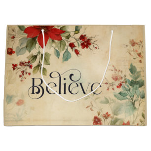 'Believe' Vintage Red Poinsettia Floral Christmas Large Gift Bag