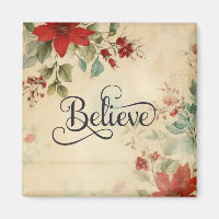 'Believe' Vintage Red Poinsettia Floral Christmas