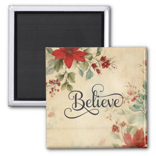 Believe Vintage Red Poinsettia Floral Christmas Magnet
