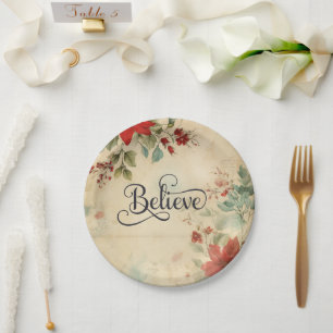 'Believe' Vintage Red Poinsettia Floral Christmas Paper Plates