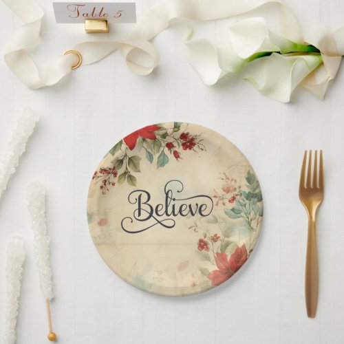 Believe Vintage Red Poinsettia Floral Christmas Paper Plates
