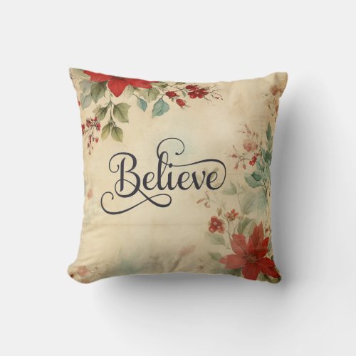 Believe Vintage Red Poinsettia Floral Christmas Throw Pillow
