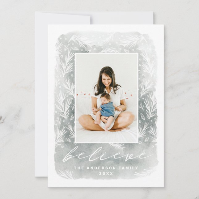 Believe. Watercolor botanical Christmas script Holiday Card (Front)