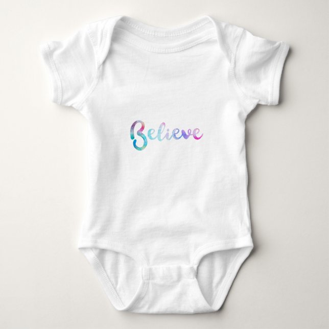 Believe Watercolor Typography Art Baby Bodysuit (Front)