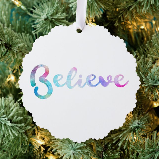 Believe Watercolor Typography Art Ornament Card (Insitu (Tree))