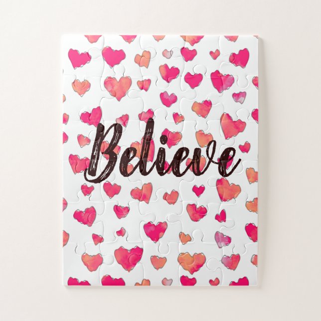 Believe Watercolor Typography Hearts Art  Jigsaw Puzzle (Vertical)