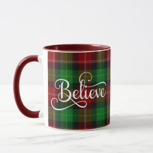 Believe White Script Red Green Scottish Tartan Mug