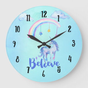 Believe with a Unicorn Under a Rainbow Large Clock