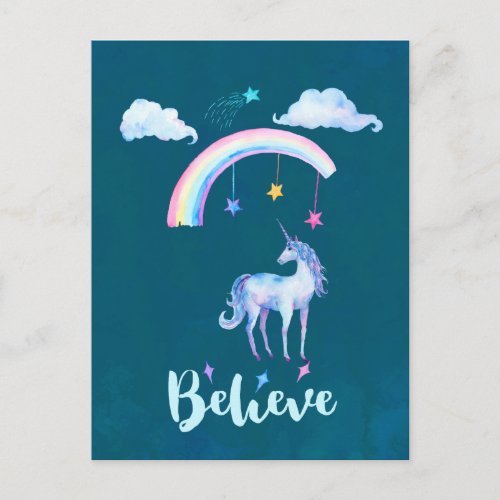 Believe with a Unicorn Under a Rainbow Postcard