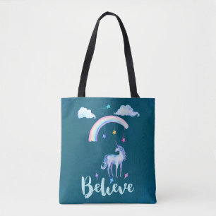 Believe with a Unicorn Under a Rainbow Tote Bag