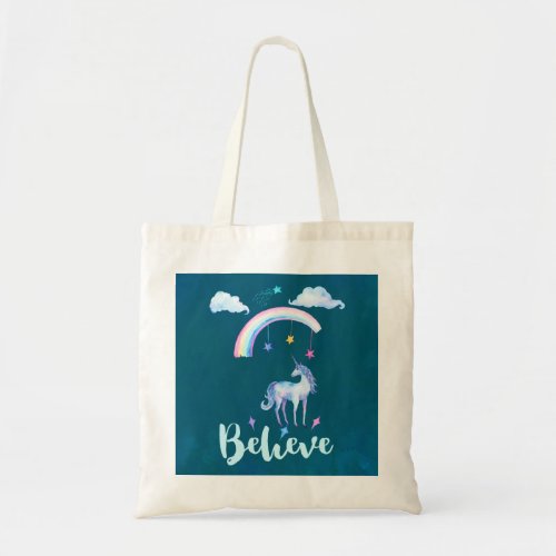 Believe with a Unicorn Under a Rainbow Tote Bag