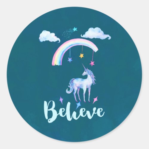 Believe with a Watercolor Unicorn Under a Rainbow Classic Round Sticker