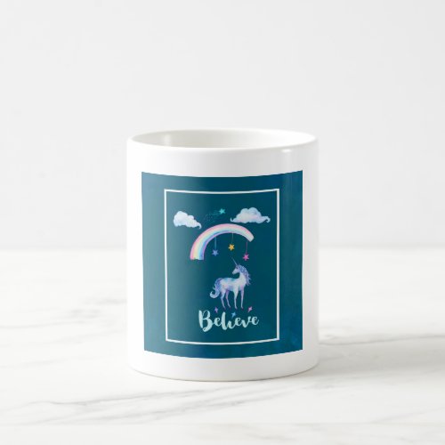 Believe with a Watercolor Unicorn Under a Rainbow Coffee Mug