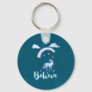 Believe with a Watercolor Unicorn Under a Rainbow Keychain