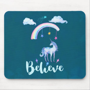 Believe with a Watercolor Unicorn Under a Rainbow Mouse Pad
