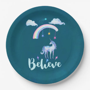 Believe with a Watercolor Unicorn Under a Rainbow Paper Plates