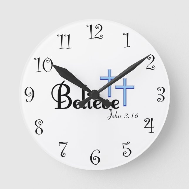 Believe With Blue Crosses Wall Clock (Front)