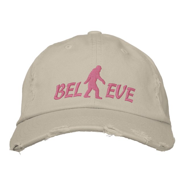 Believe with large bigfoot logo embroidered baseball hat (Front)