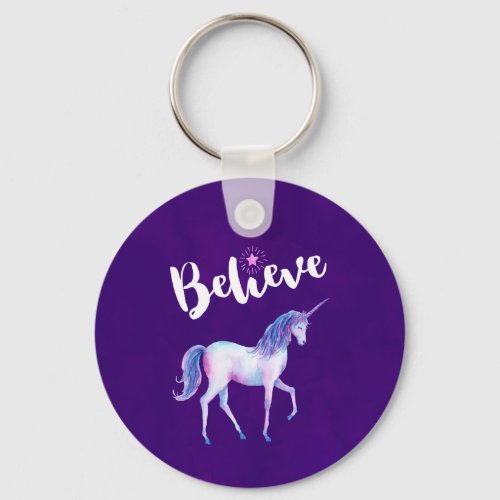 Believe with Unicorn In Pastel Watercolors Keychain