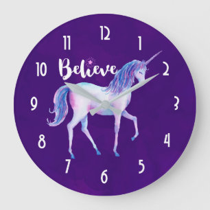 Believe with Unicorn In Pastel Watercolors Large Clock