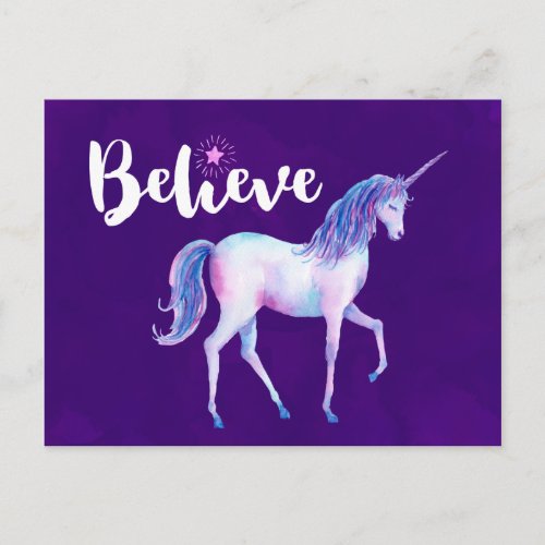 Believe with Unicorn In Pastel Watercolors Postcard