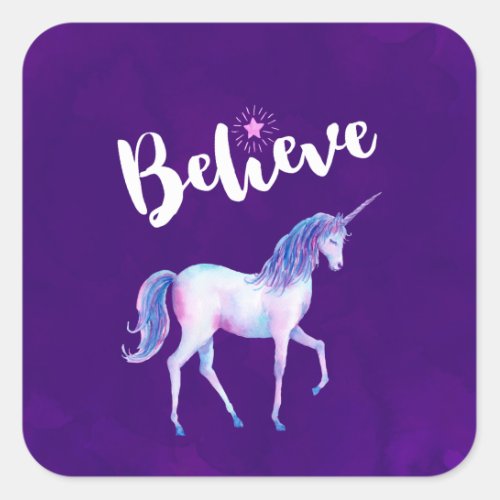 Believe with Unicorn In Pastel Watercolors Square Sticker