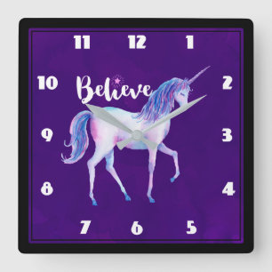 Believe with Unicorn In Pastel Watercolors Square Wall Clock