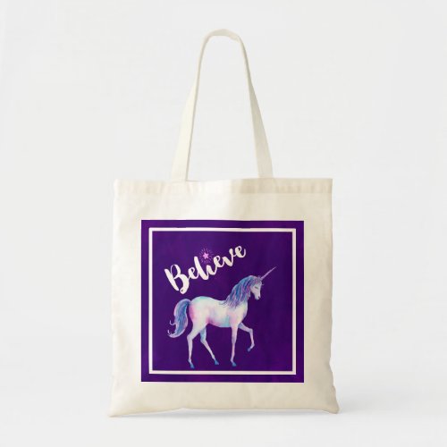 Believe with Unicorn In Pastel Watercolors Tote Bag