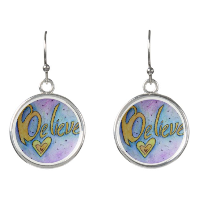 Believe Word Art Jewelry Pendant Charm Earrings (Front)