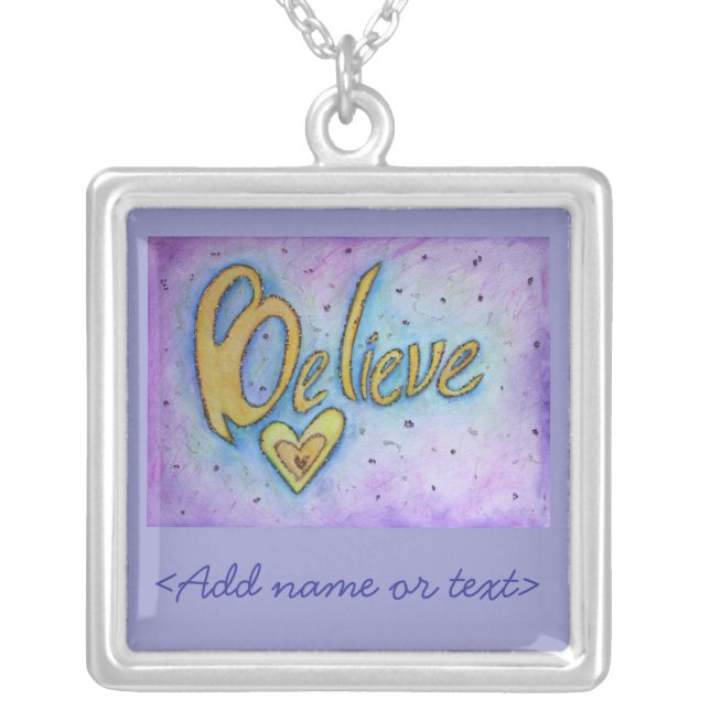 Believe Word Art Painting Silver Necklace Charm (Front)