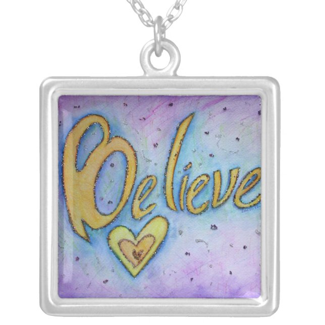Believe Word Art Painting Silver Necklace Charm (Front)