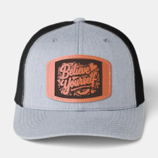 Believe Yourself Pink Inspirational Typography Lea Leather Patch Hat