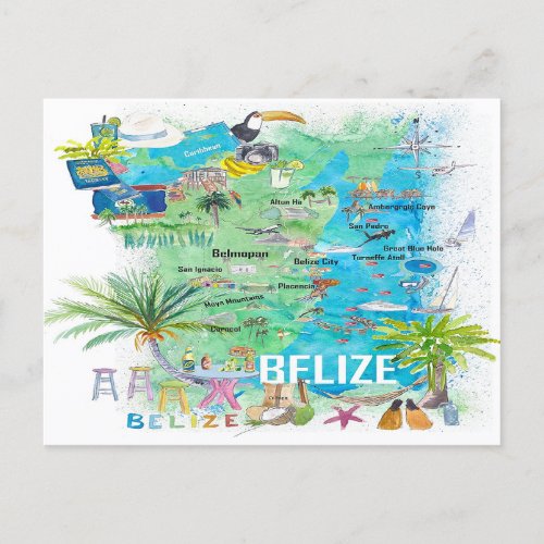 Belize Caribbean Illustrated Travel Map with Roads Postcard