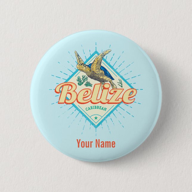 Belize Caribbean Retro Turtle Vintage Souvenir Button (Front)