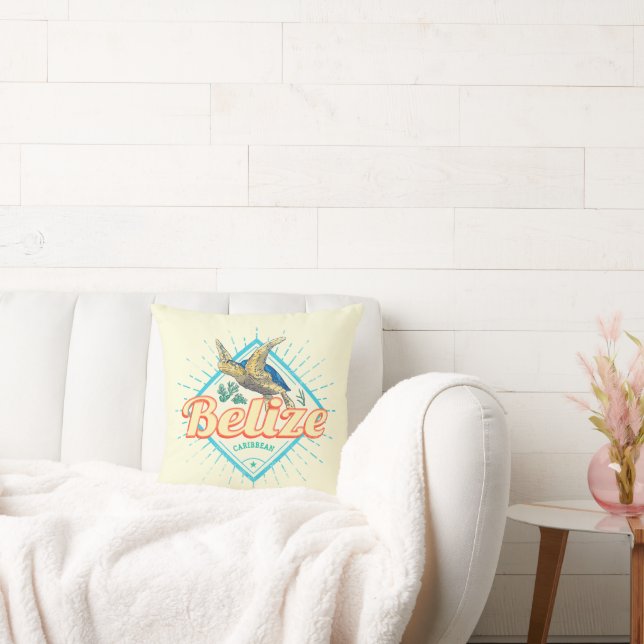 Belize Caribbean Retro Turtle Vintage Souvenir Throw Pillow (Couch)