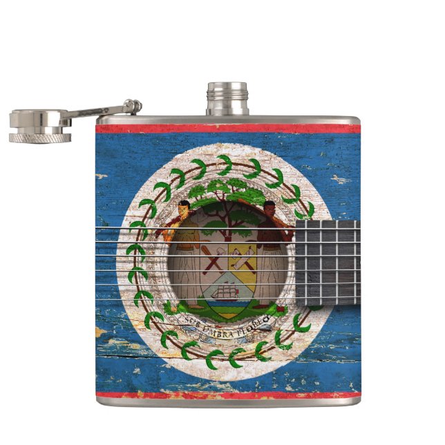 Belize Flag on Old Acoustic Guitar Hip Flask (Opened)