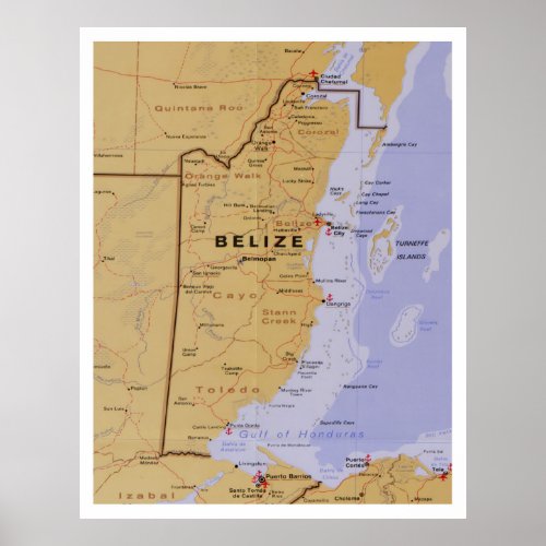 Belize Map 1990 Central America Country Atlas Poster