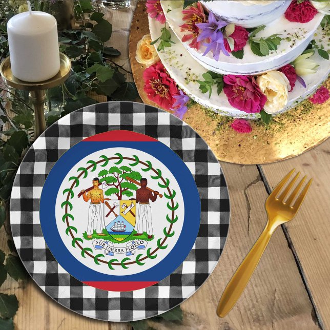 Belize Plate, buffalo plaid & Belize Flag Paper Plates (Creator Uploaded)