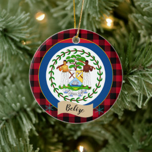 Belize, Red buffalo plaid & Belize Flag Ceramic Ornament