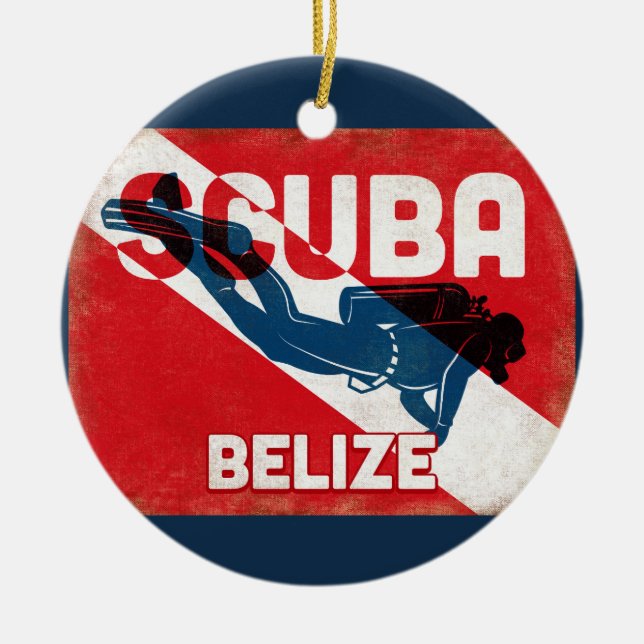 Belize Scuba Diver - Blue Retro Ceramic Ornament (Front)